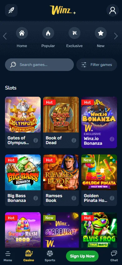 Winz Casino games screen on mobile