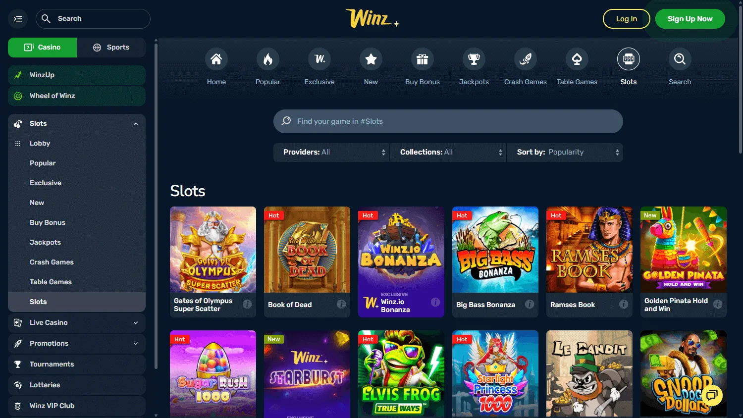 Winz Casino games screen on desktop