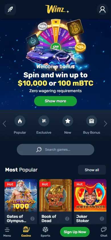 Winz Casino home screen on mobile