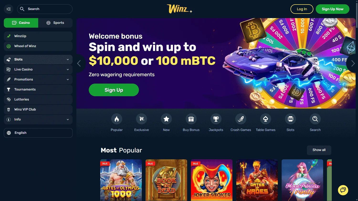 Winz Casino home screen on desktop