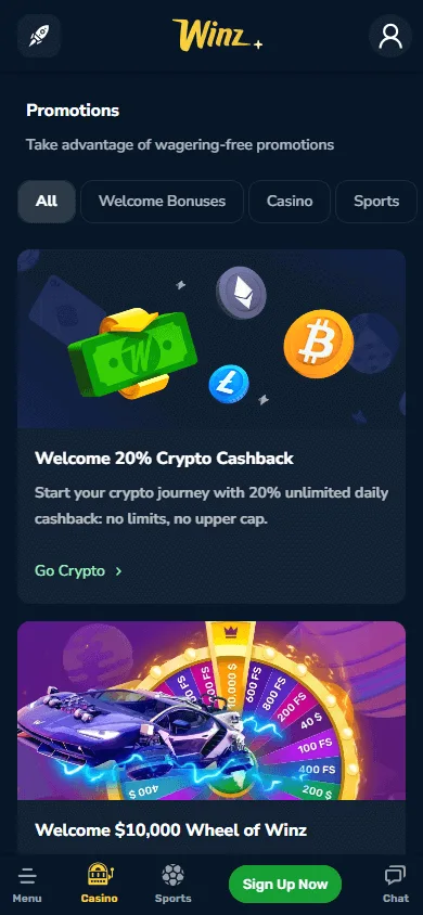 Winz Casino promotions screen on mobile