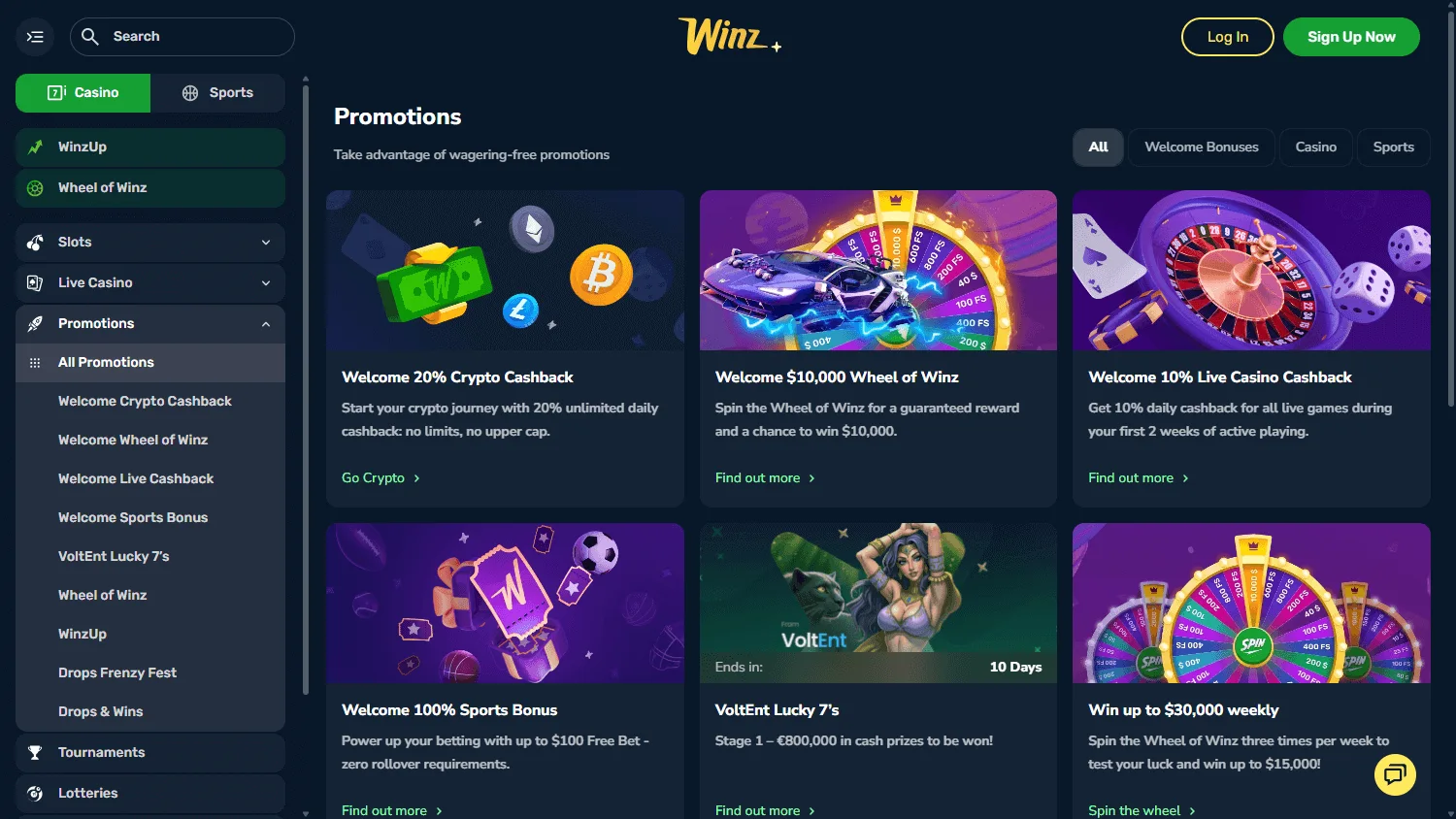 Winz Casino promotions screen on desktop